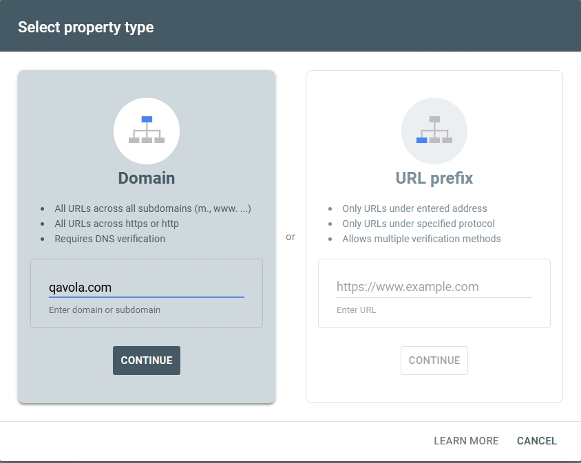 Add google search console new property