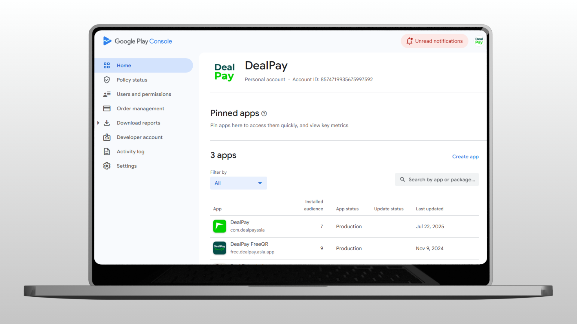 Google Play Console Home